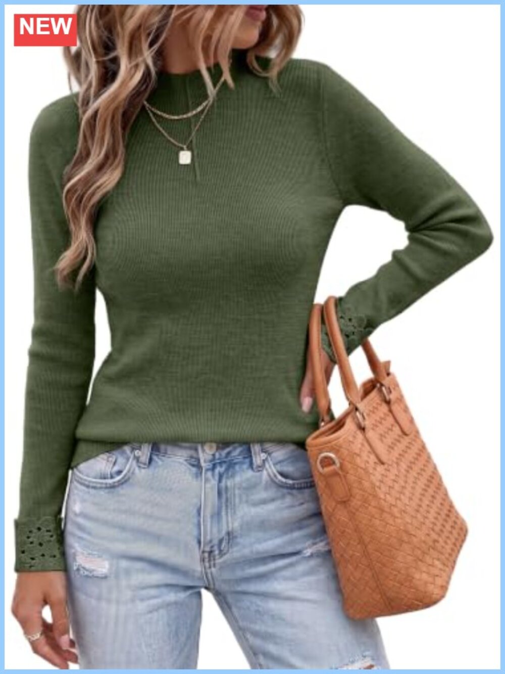 Wool Blend Mock Neck Pullover Sweater Crochet Cuff Knit Top